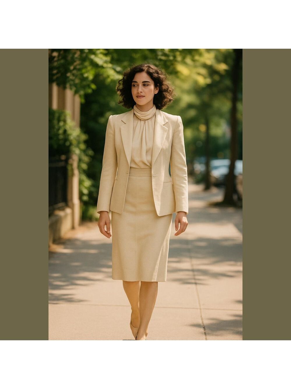 80s 2PC JONES NY LINEN BUTTERY CREAM POWER SUIT FITTED BLAZER & PENCIL SKIRT 4